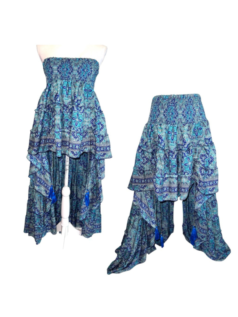 Silk Blend Chic Blue Teal Paisley High Low Skirt Free Size